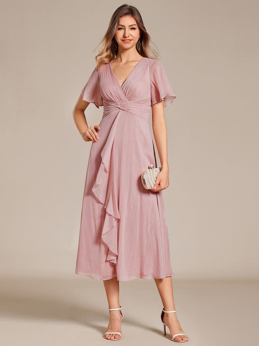 Shimmering Long Sleeve V-Neck Chiffon Twist Knot A-Line Evening Dress #color_Dusty Rose