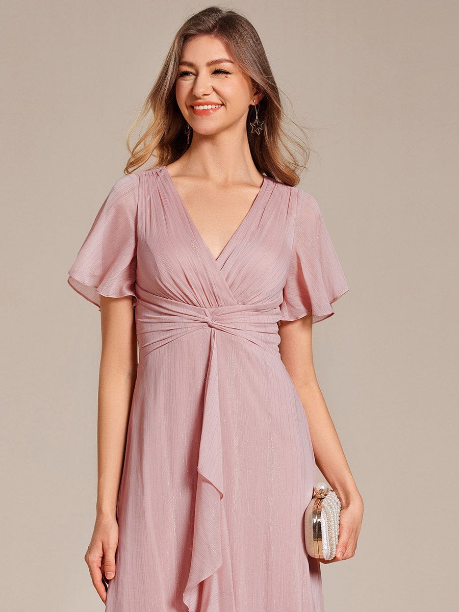 Shimmering Long Sleeve V-Neck Chiffon Twist Knot A-Line Evening Dress #color_Dusty Rose