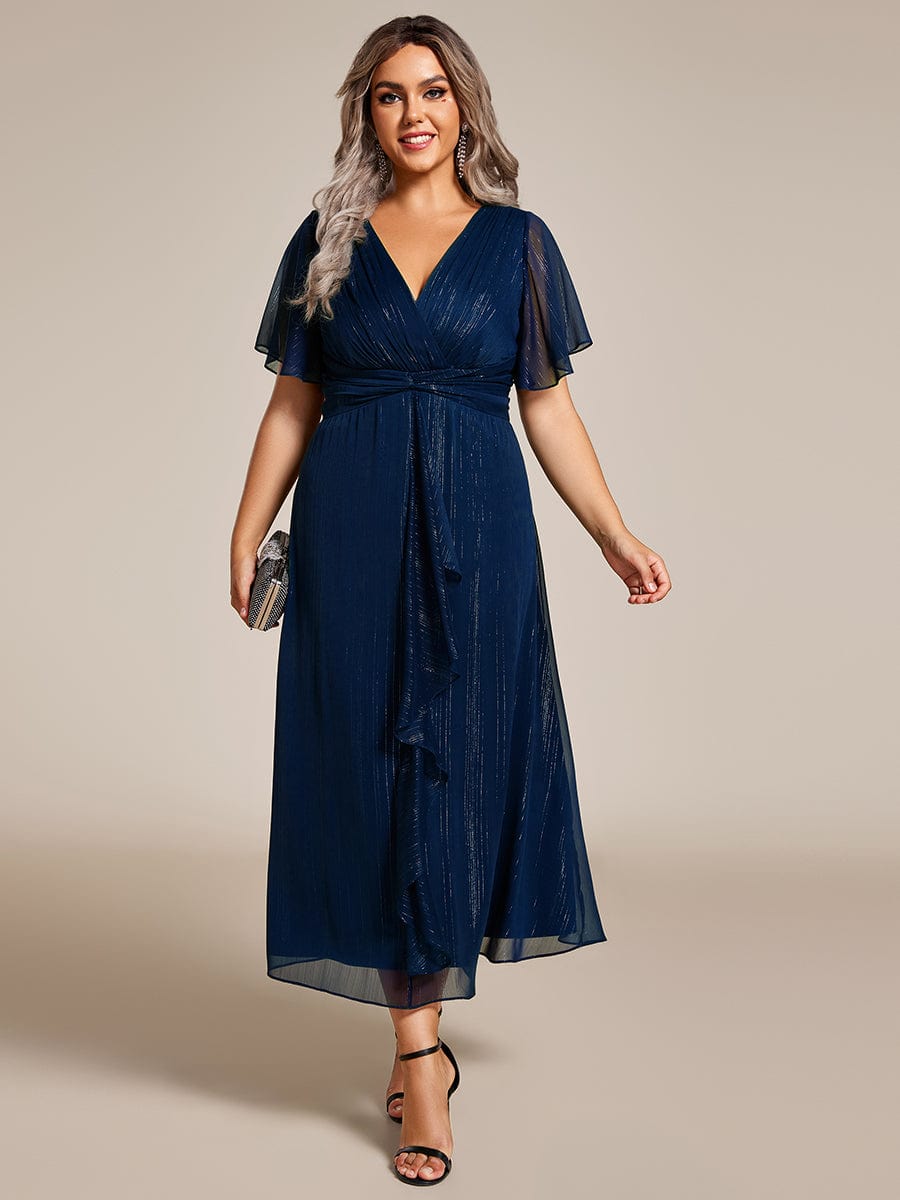 Plus Size Metallic Silver Fabric Short-Sleeved V-Neck A-Line Dress with Ruffled Hem #color_Navy Blue