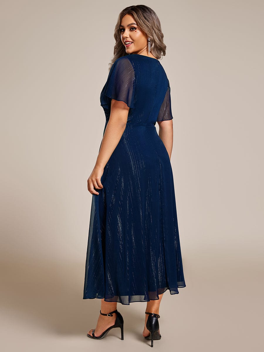 Plus Size Metallic Silver Fabric Short-Sleeved V-Neck A-Line Dress with Ruffled Hem #color_Navy Blue