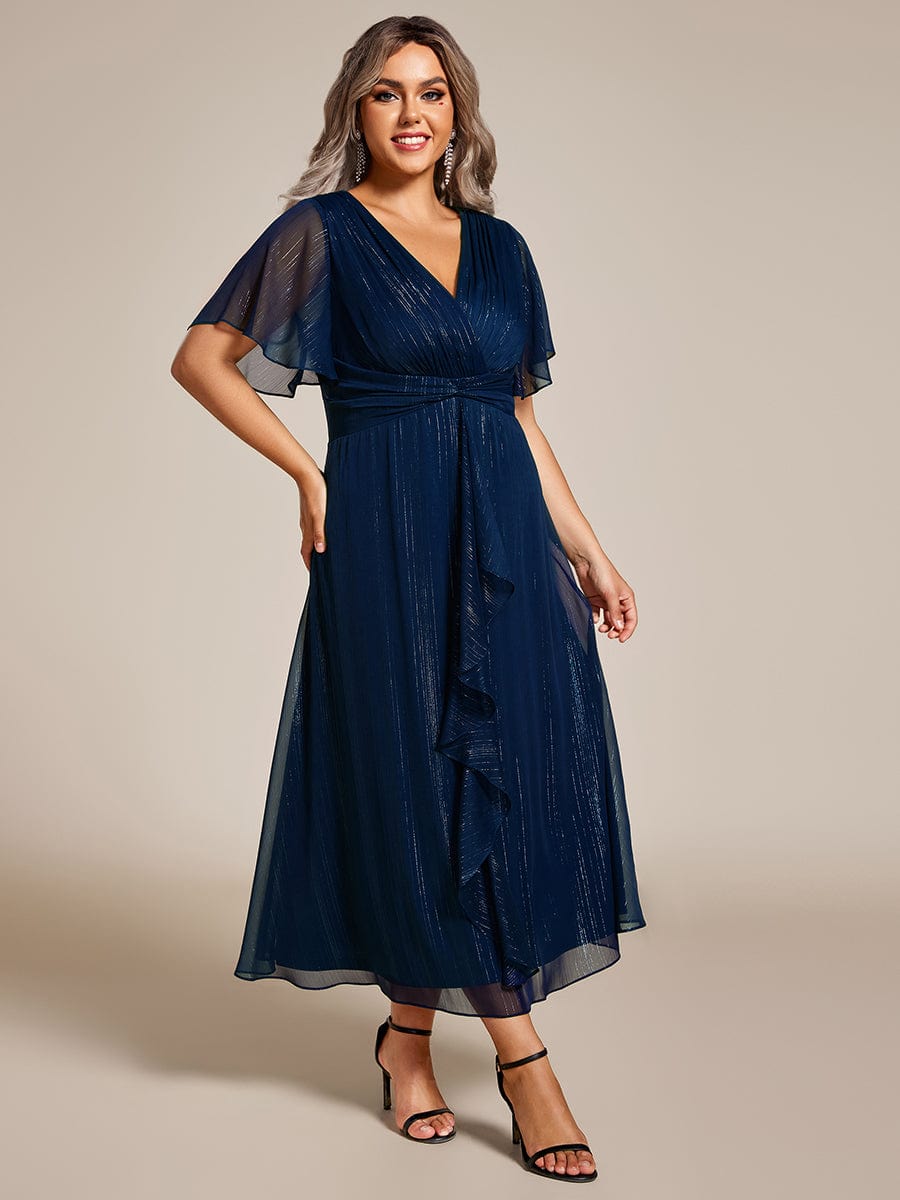 Plus Size Metallic Silver Fabric Short-Sleeved V-Neck A-Line Dress with Ruffled Hem #color_Navy Blue