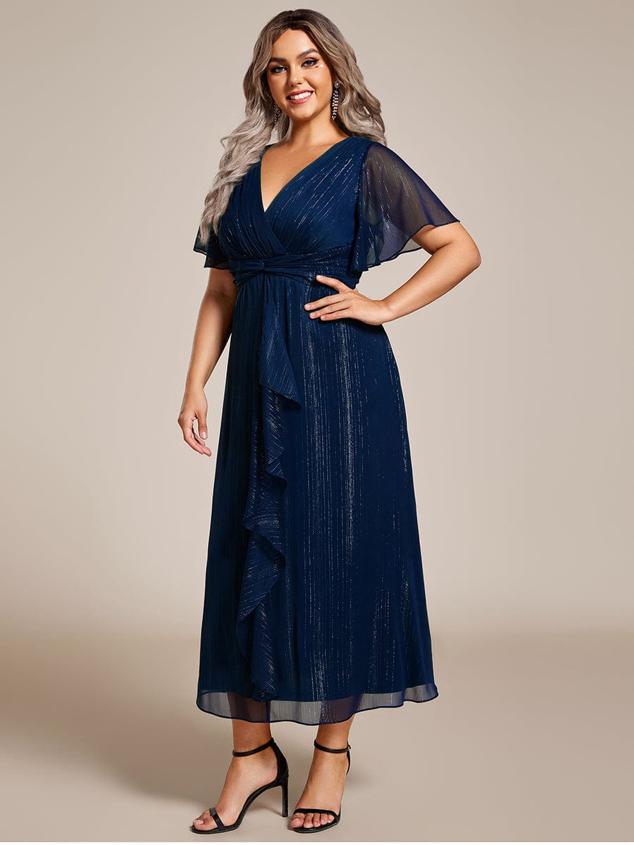 Plus Size Metallic Silver Fabric Short-Sleeved V-Neck A-Line Dress with Ruffled Hem #color_Navy Blue