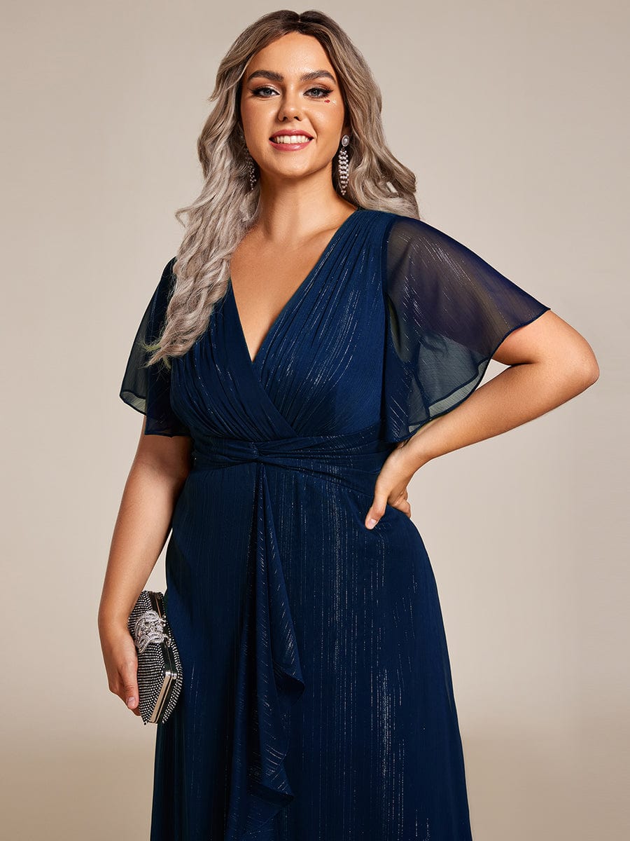 Plus Size Metallic Silver Fabric Short-Sleeved V-Neck A-Line Dress with Ruffled Hem #color_Navy Blue