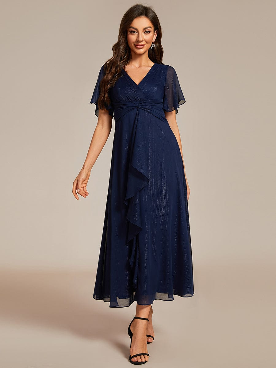 Shimmering Long Sleeve V-Neck Chiffon Twist Knot A-Line Evening Dress #color_Navy Blue