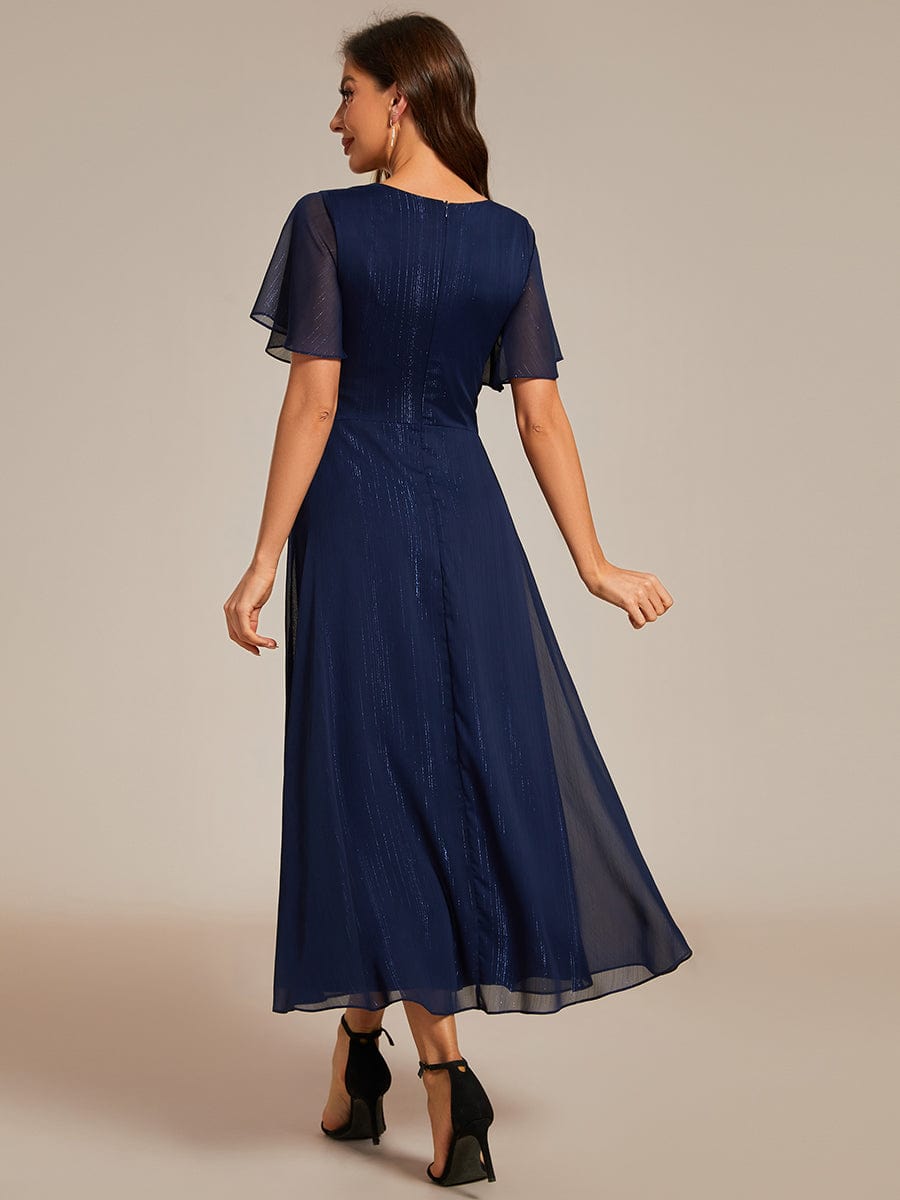 Shimmering Long Sleeve V-Neck Chiffon Twist Knot A-Line Evening Dress #color_Navy Blue