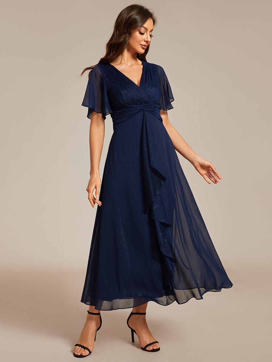 Shimmering Long Sleeve V-Neck Chiffon Twist Knot A-Line Evening Dress #color_Navy Blue