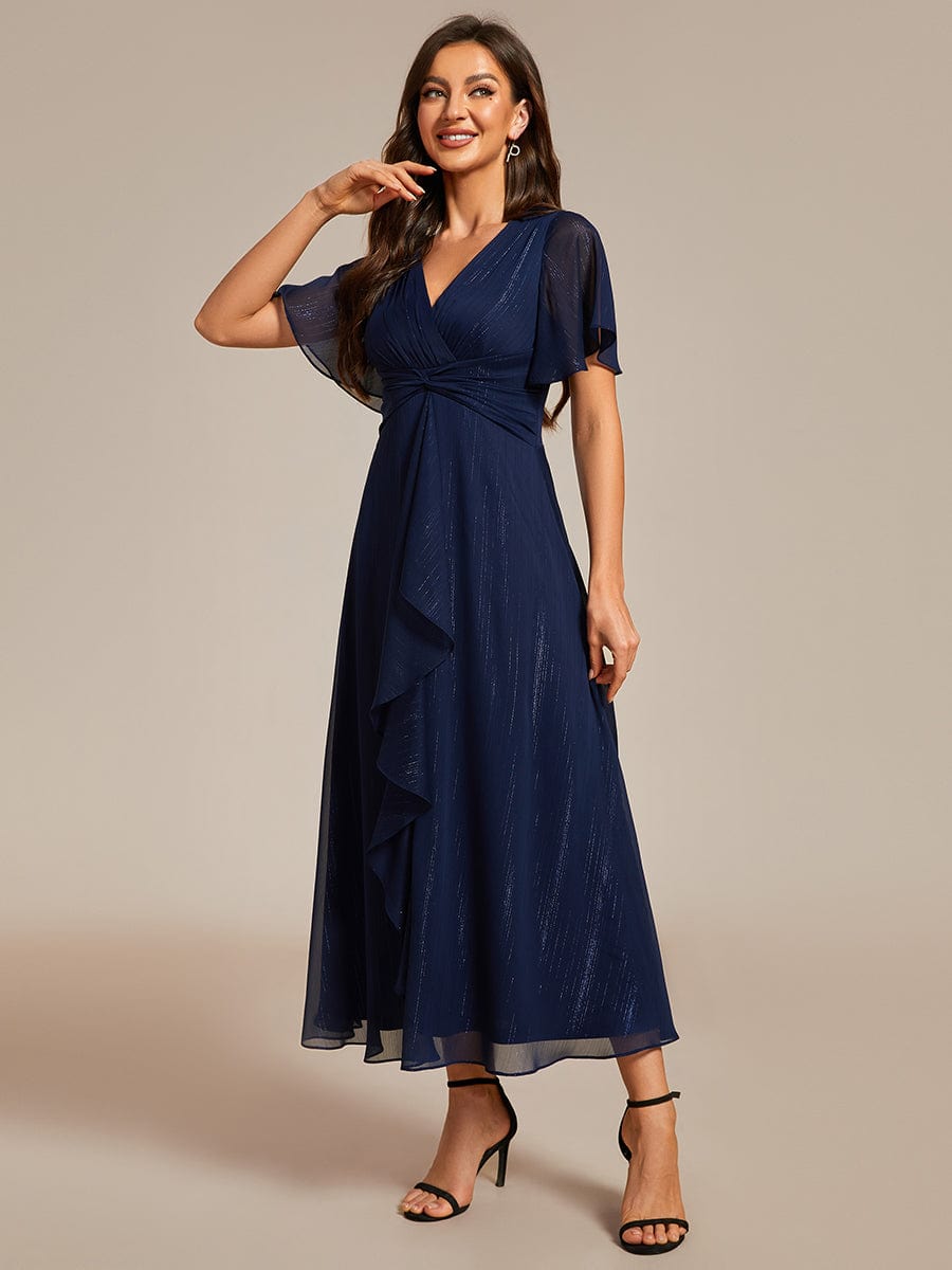 Shimmering Long Sleeve V-Neck Chiffon Twist Knot A-Line Evening Dress #color_Navy Blue