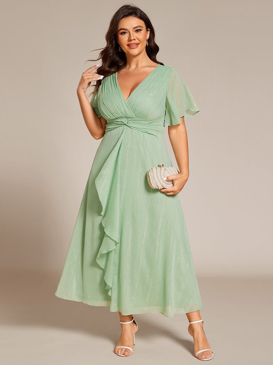 Plus Size Metallic Silver Fabric Short-Sleeved V-Neck A-Line Dress with Ruffled Hem #color_Summer Green