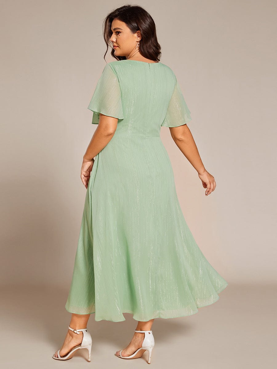 Metallic Silver Fabric Short-Sleeved V-Neck A-Line Dress with Ruffled Hem #color_Summer Green