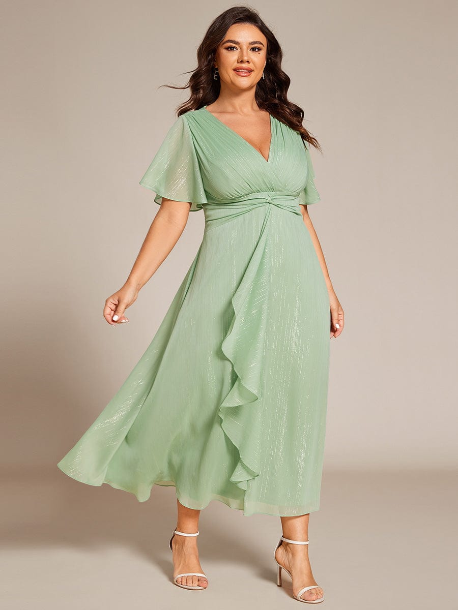 Plus Size Metallic Silver Fabric Short-Sleeved V-Neck A-Line Dress with Ruffled Hem #color_Summer Green