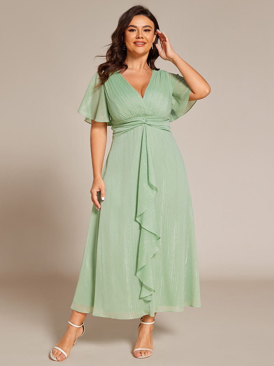 Metallic Silver Fabric Short-Sleeved V-Neck A-Line Dress with Ruffled Hem #color_Summer Green