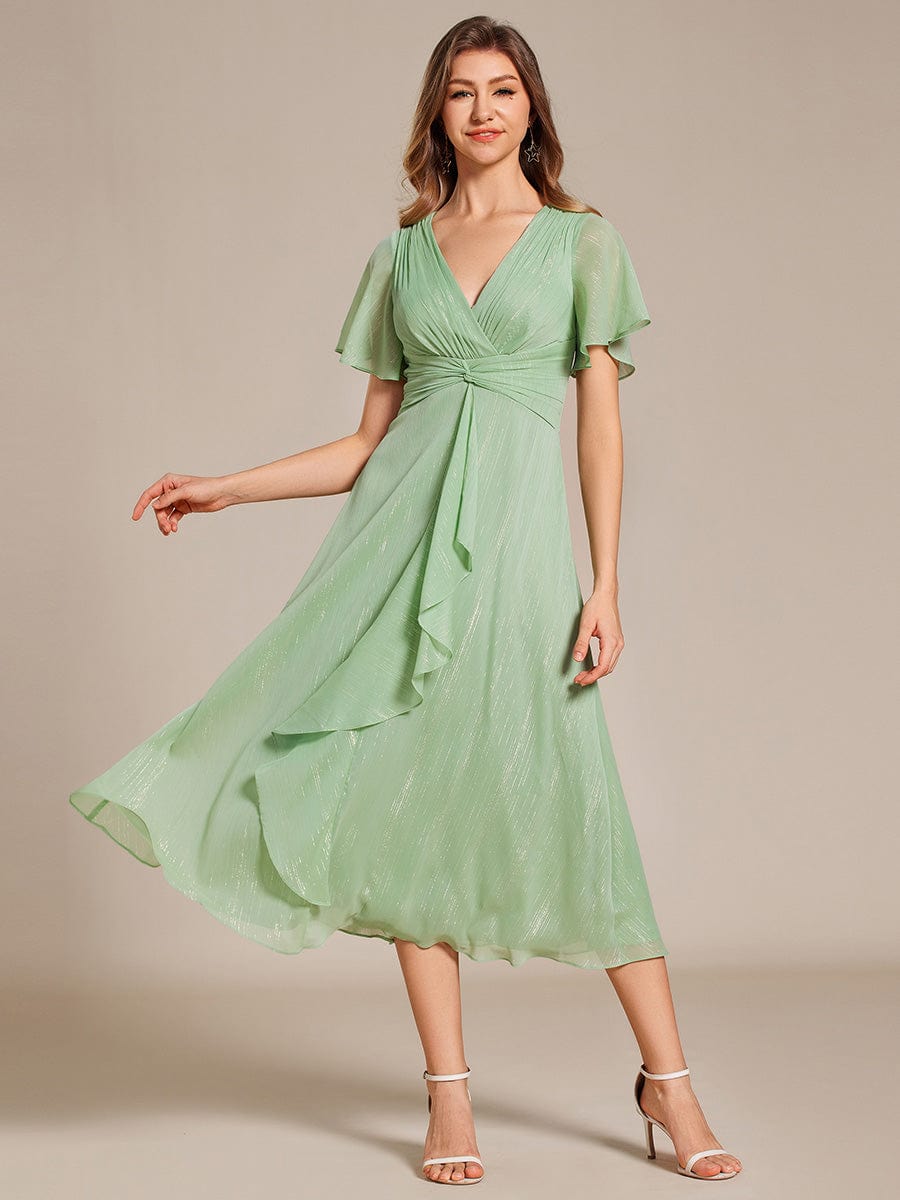 Metallic Silver Fabric Short-Sleeved V-Neck A-Line Dress with Ruffled Hem #color_Summer Green