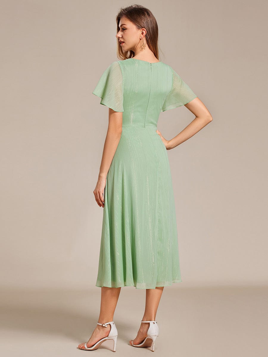 Metallic Silver Fabric Short-Sleeved V-Neck A-Line Dress with Ruffled Hem #color_Summer Green