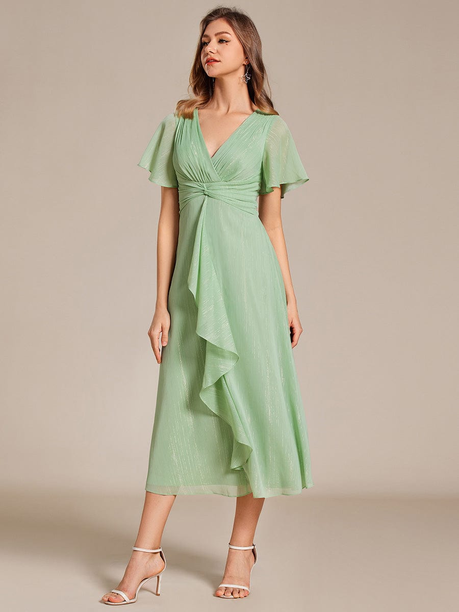 Metallic Silver Fabric Short-Sleeved V-Neck A-Line Dress with Ruffled Hem #color_Summer Green