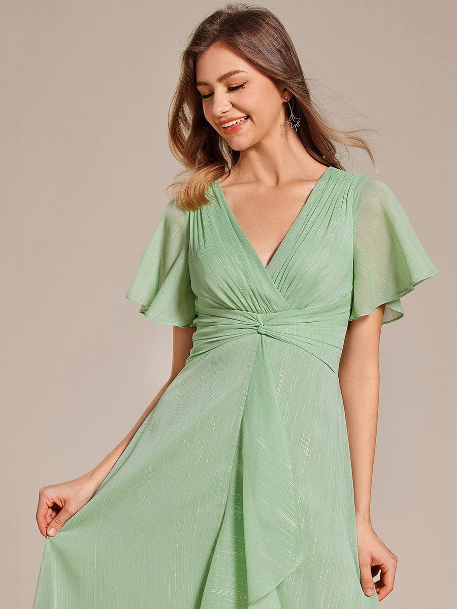 Metallic Silver Fabric Short-Sleeved V-Neck A-Line Dress with Ruffled Hem #color_Summer Green