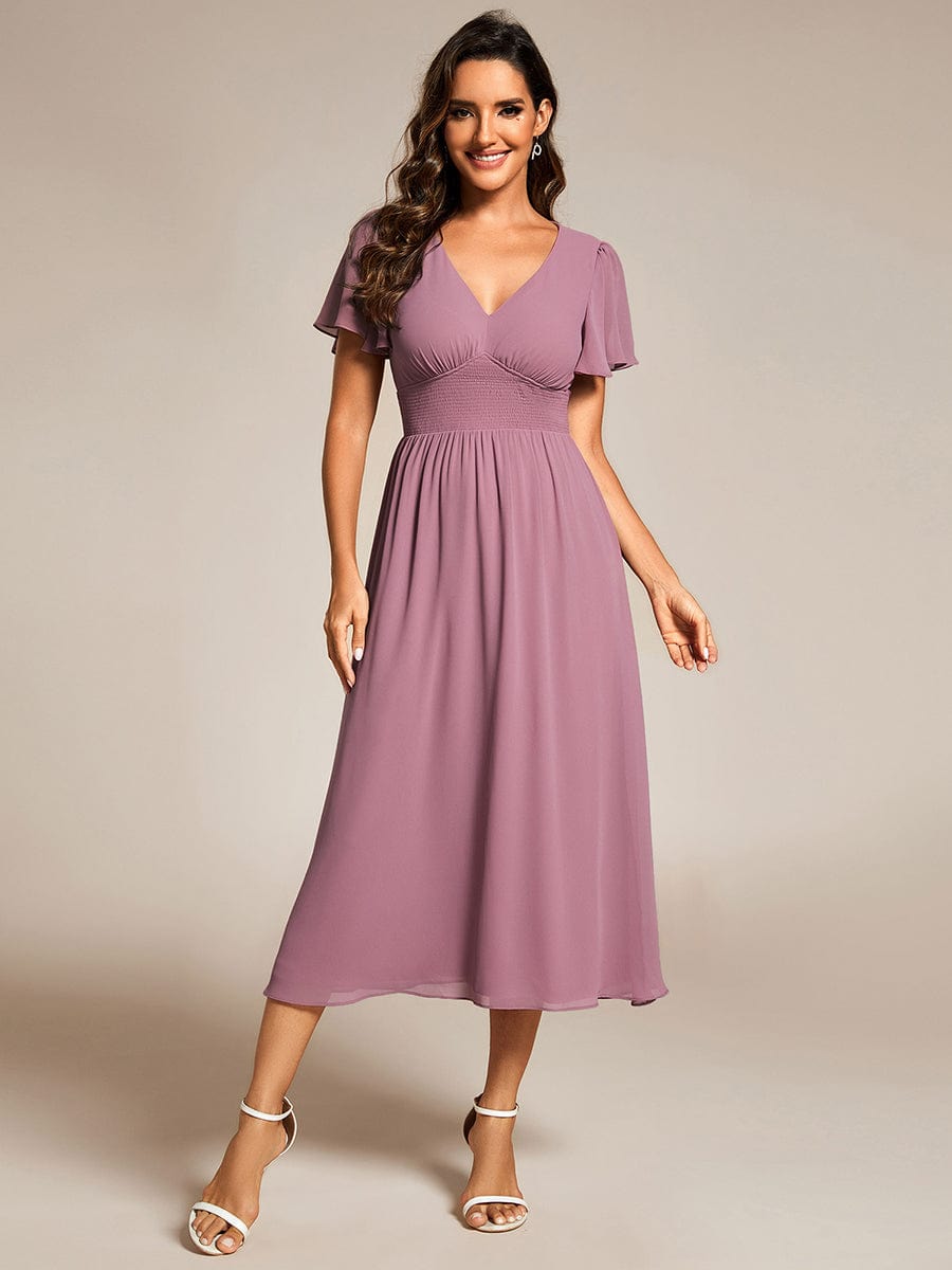 Midi V-Neck Empire Waist Ruffle Sleeves Wedding Guest Dress #color_Purple Orchid