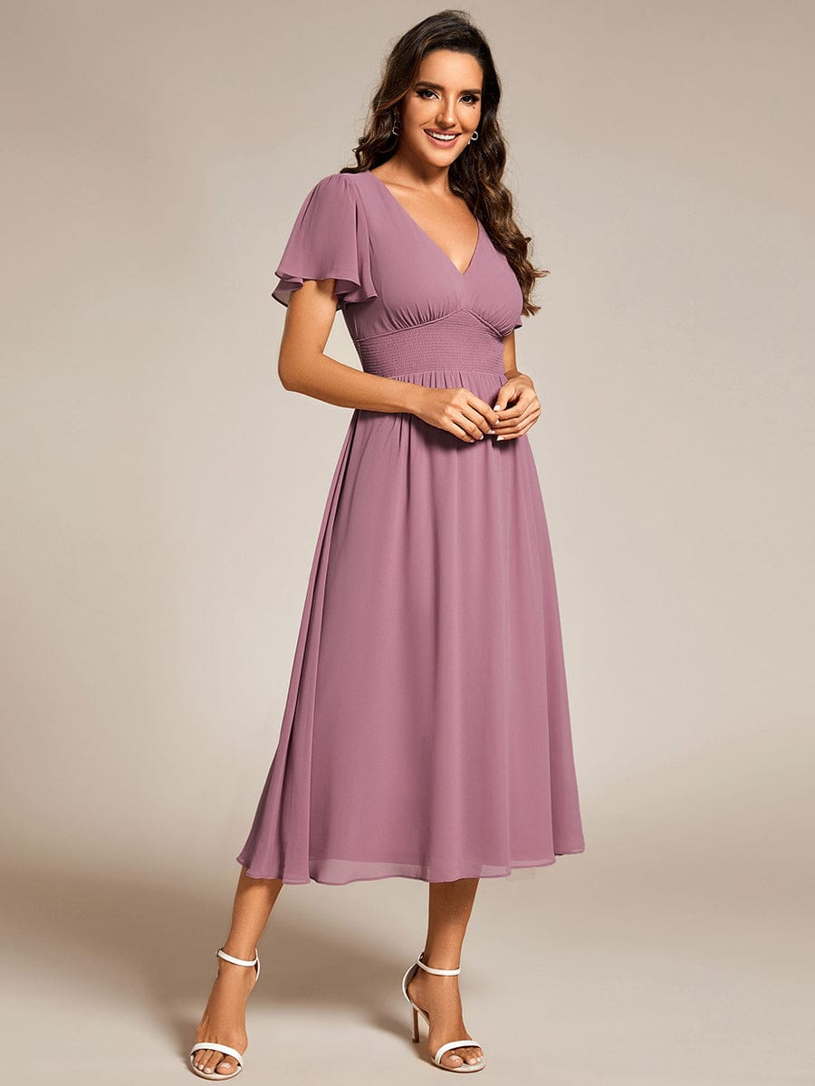 Midi V-Neck Empire Waist Ruffle Sleeves Wedding Guest Dress #color_Purple Orchid