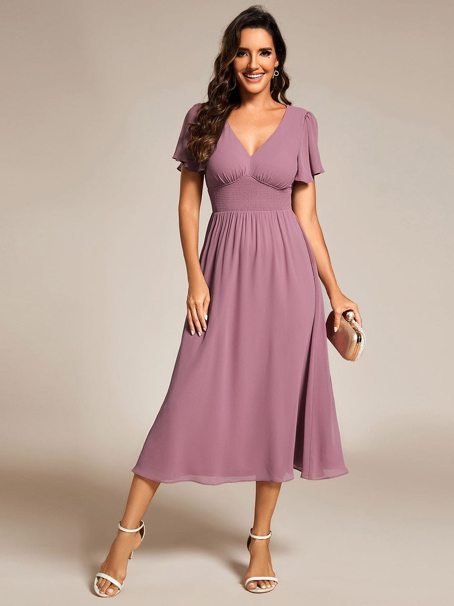 Midi V-Neck Empire Waist Ruffle Sleeves Wedding Guest Dress #color_Purple Orchid