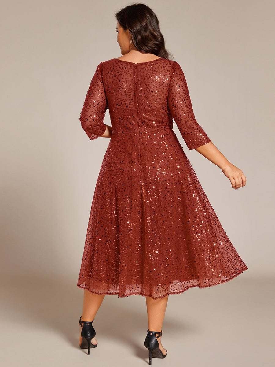 Dazzling Sequin A-Line Midi Wedding Guest Dress with Long Sleeves #color_Burnt Orange