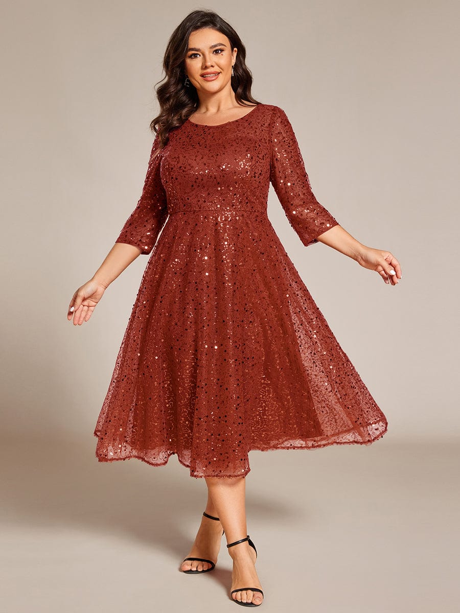 Dazzling Sequin A-Line Midi Wedding Guest Dress with Long Sleeves #color_Burnt Orange