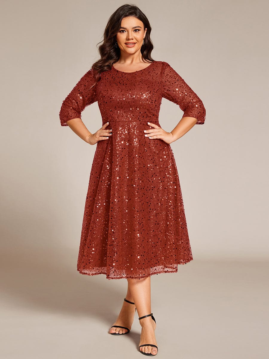 Dazzling Sequin A-Line Midi Wedding Guest Dress with Long Sleeves #color_Burnt Orange