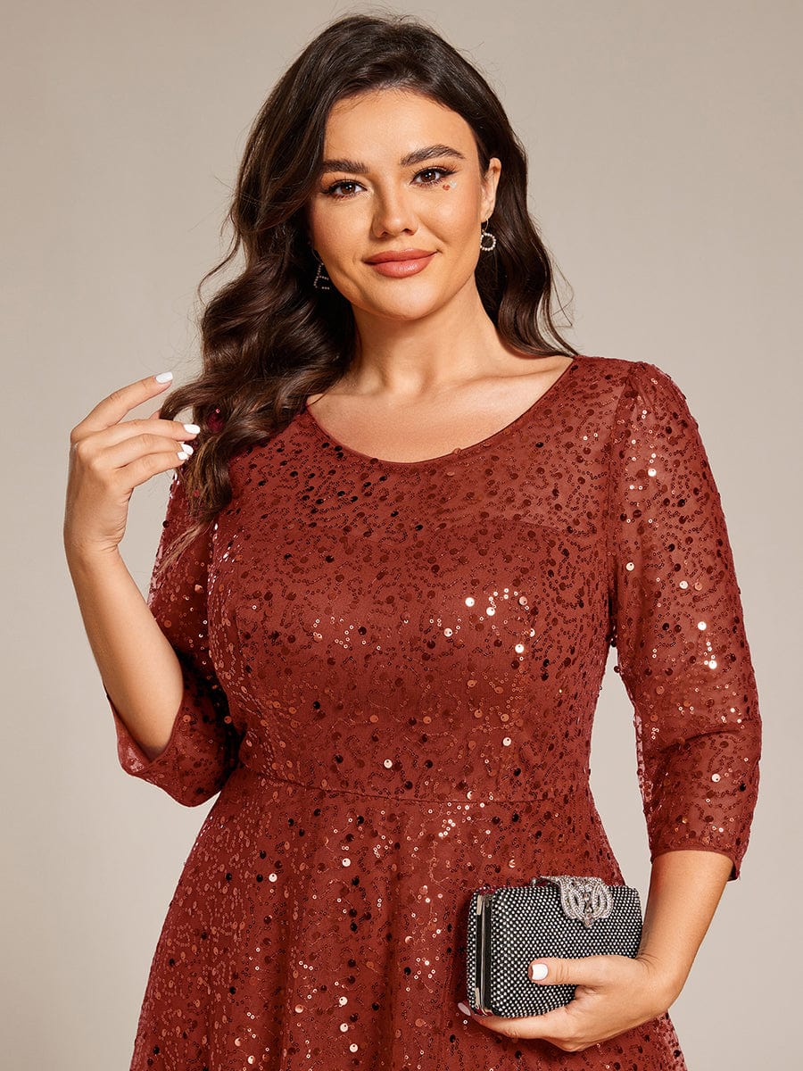 Dazzling Sequin A-Line Midi Wedding Guest Dress with Long Sleeves #color_Burnt Orange