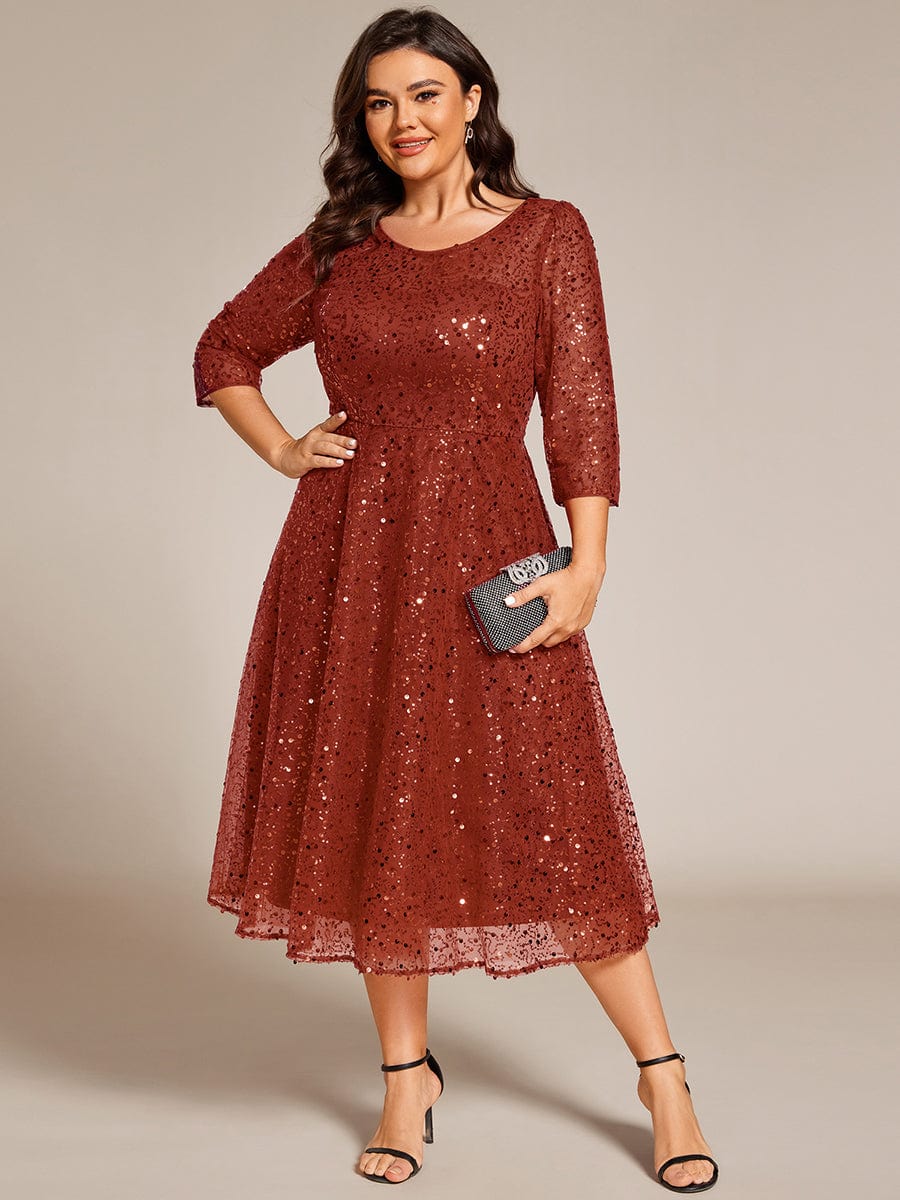 Dazzling Sequin A-Line Midi Wedding Guest Dress with Long Sleeves #color_Burnt Orange