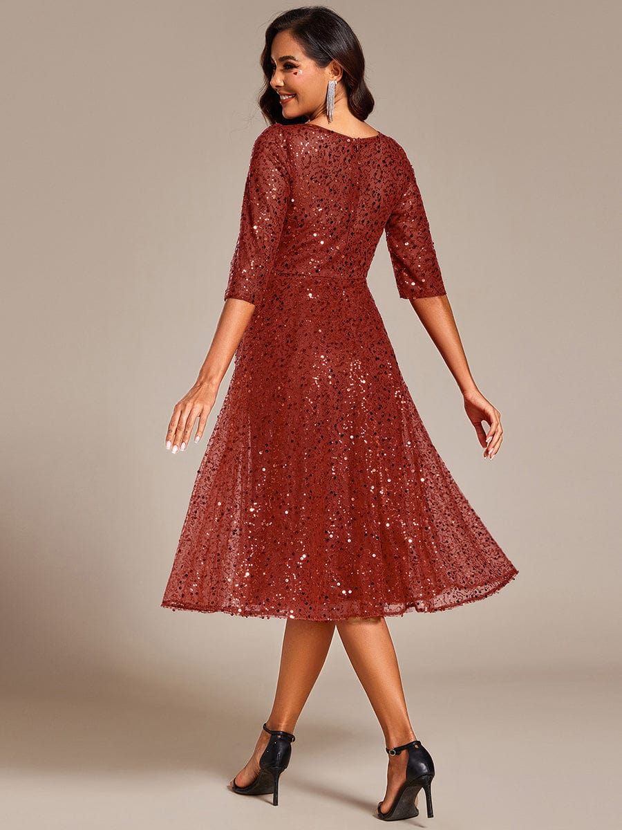 Dazzling Sequin A-Line Midi Wedding Guest Dress with Long Sleeves #color_Burnt Orange