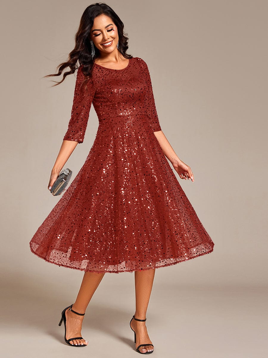 Dazzling Sequin A-Line Midi Wedding Guest Dress with Long Sleeves #color_Burnt Orange