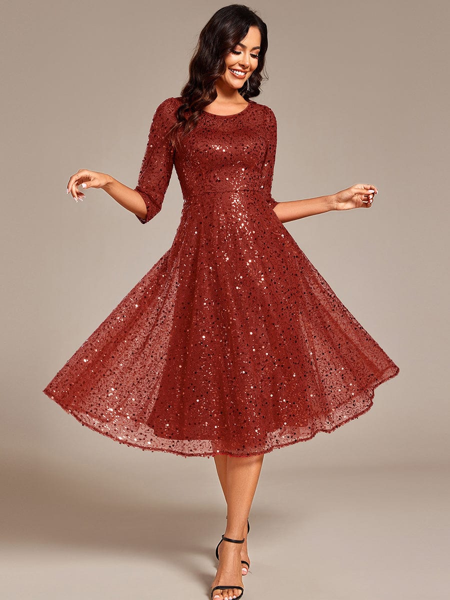 Dazzling Sequin A-Line Midi Wedding Guest Dress with Long Sleeves #color_Burnt Orange