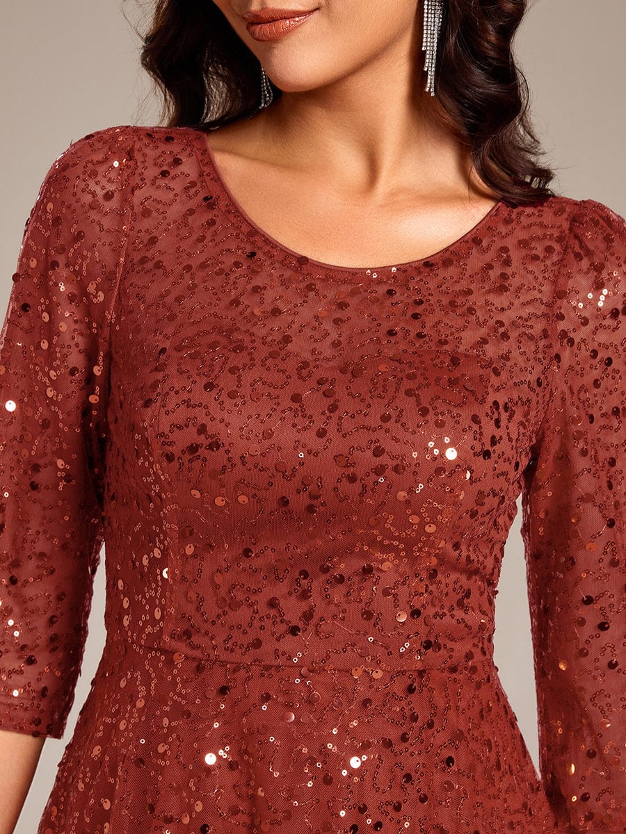 Dazzling Sequin A-Line Midi Wedding Guest Dress with Long Sleeves #color_Burnt Orange