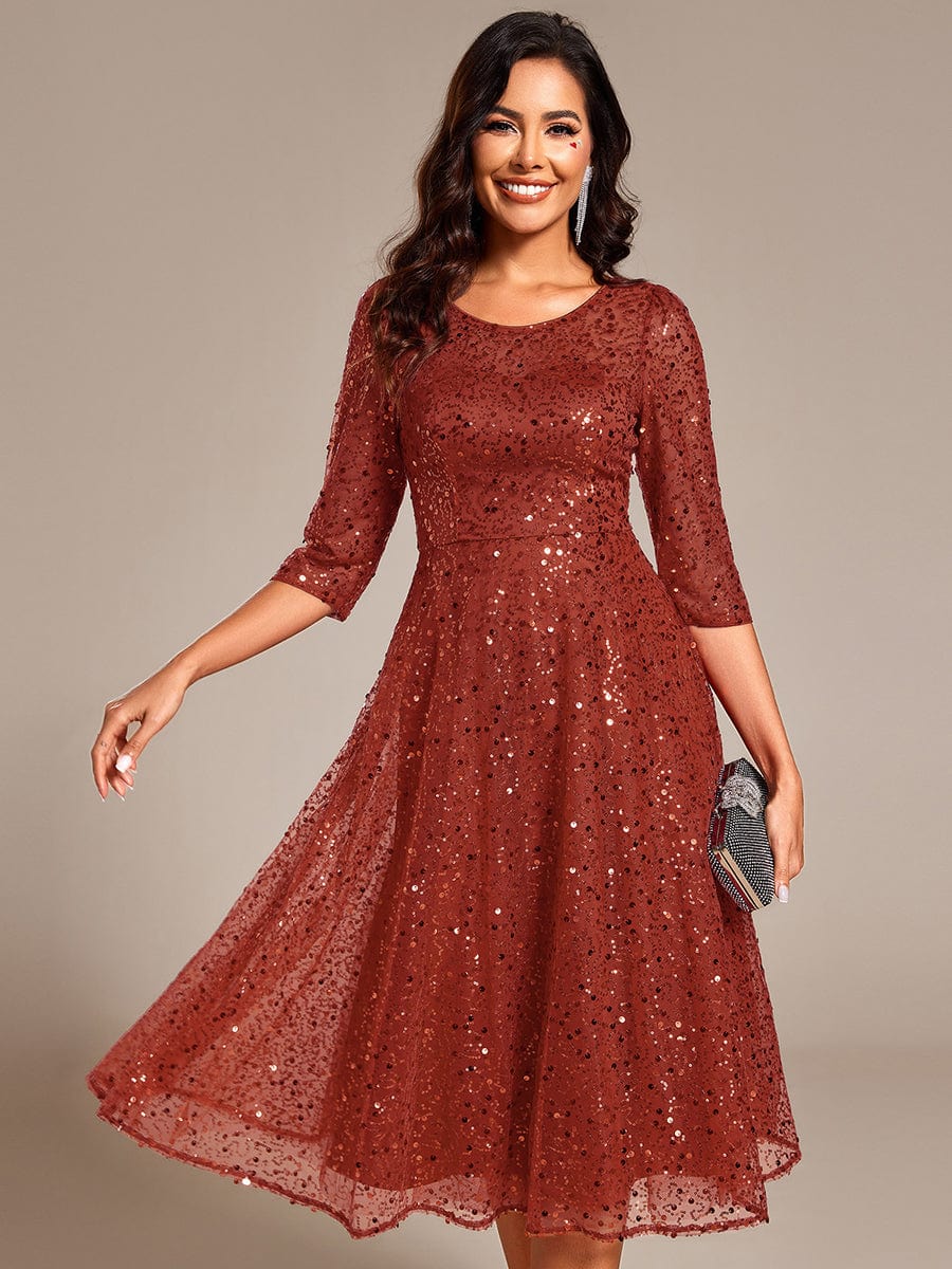 Dazzling Sequin A-Line Midi Wedding Guest Dress with Long Sleeves #color_Burnt Orange