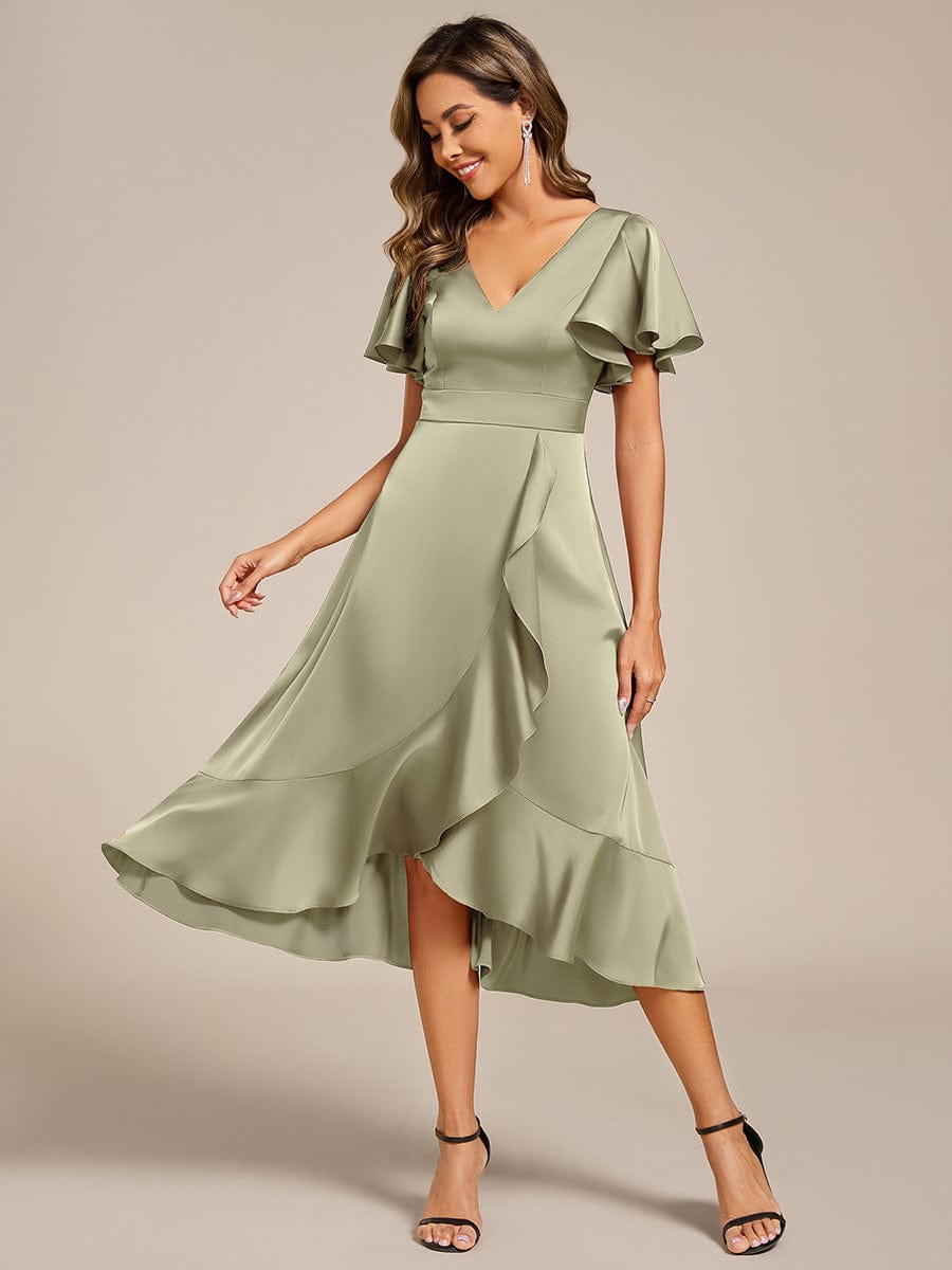 Ruffled V-neck Midi Satin Wedding Guest Dress #color_Sage Green