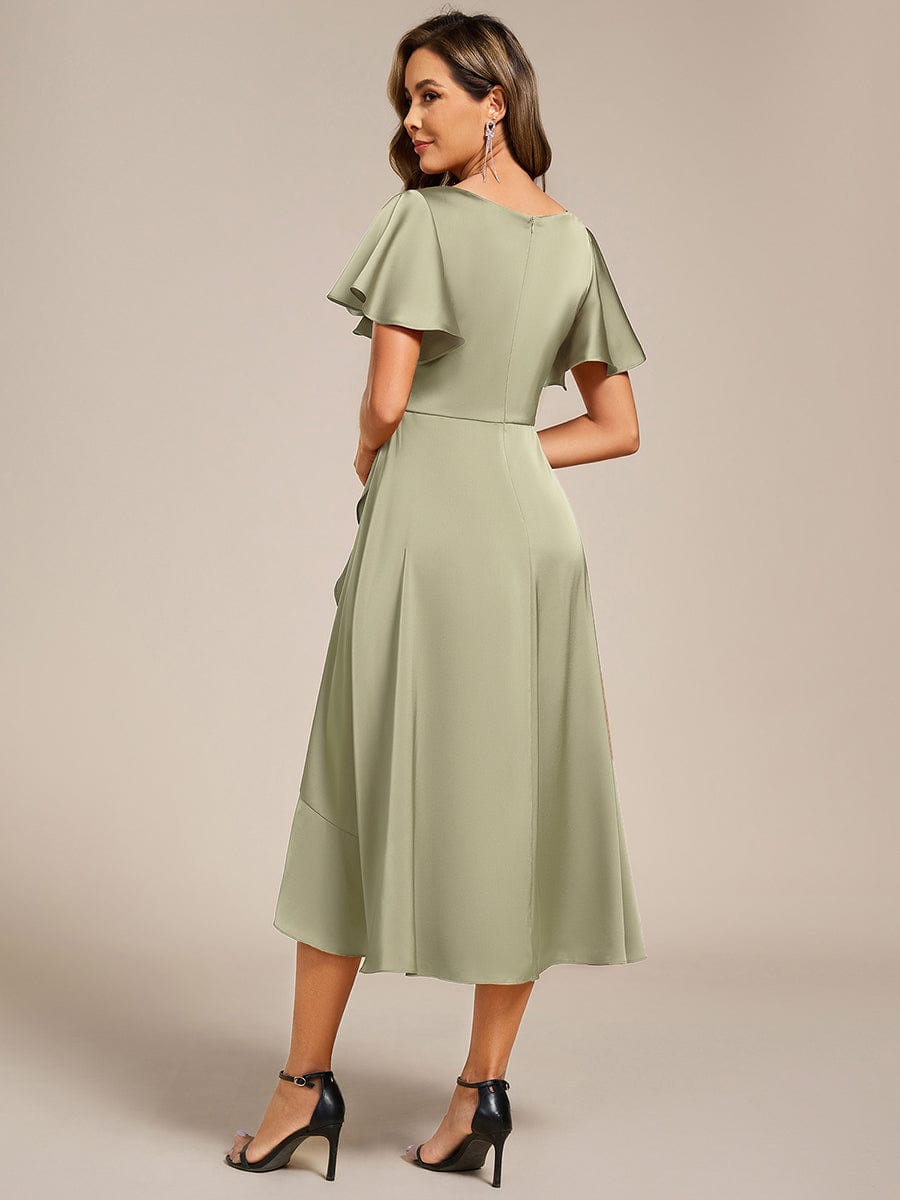 Ruffled V-neck Midi Satin Wedding Guest Dress #color_Sage Green