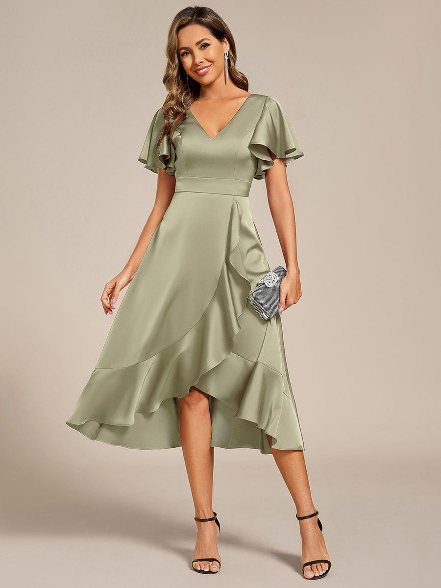 Ruffled V-neck Midi Satin Wedding Guest Dress #color_Sage Green