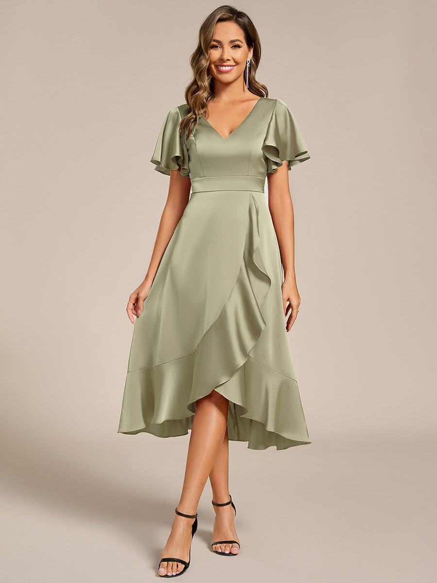 Ruffled V-neck Midi Satin Wedding Guest Dress #color_Sage Green