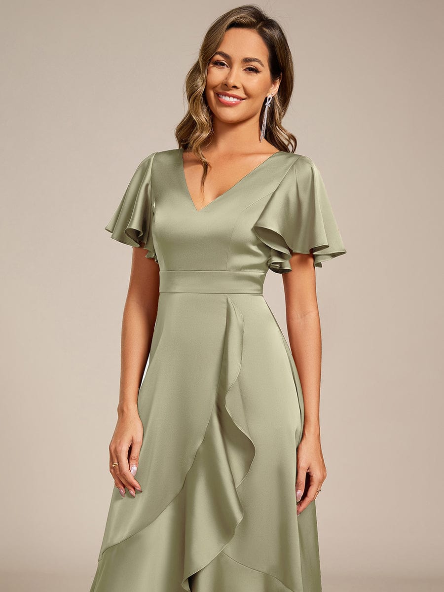 Ruffled V-neck Midi Satin Wedding Guest Dress #color_Sage Green