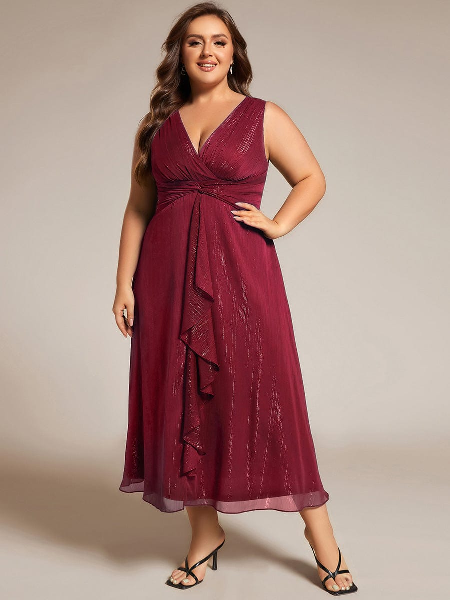 Sleeveless Twist Knot A-Line Lotus Leaf Shimmering Wedding Guest Dress #color_Burgundy