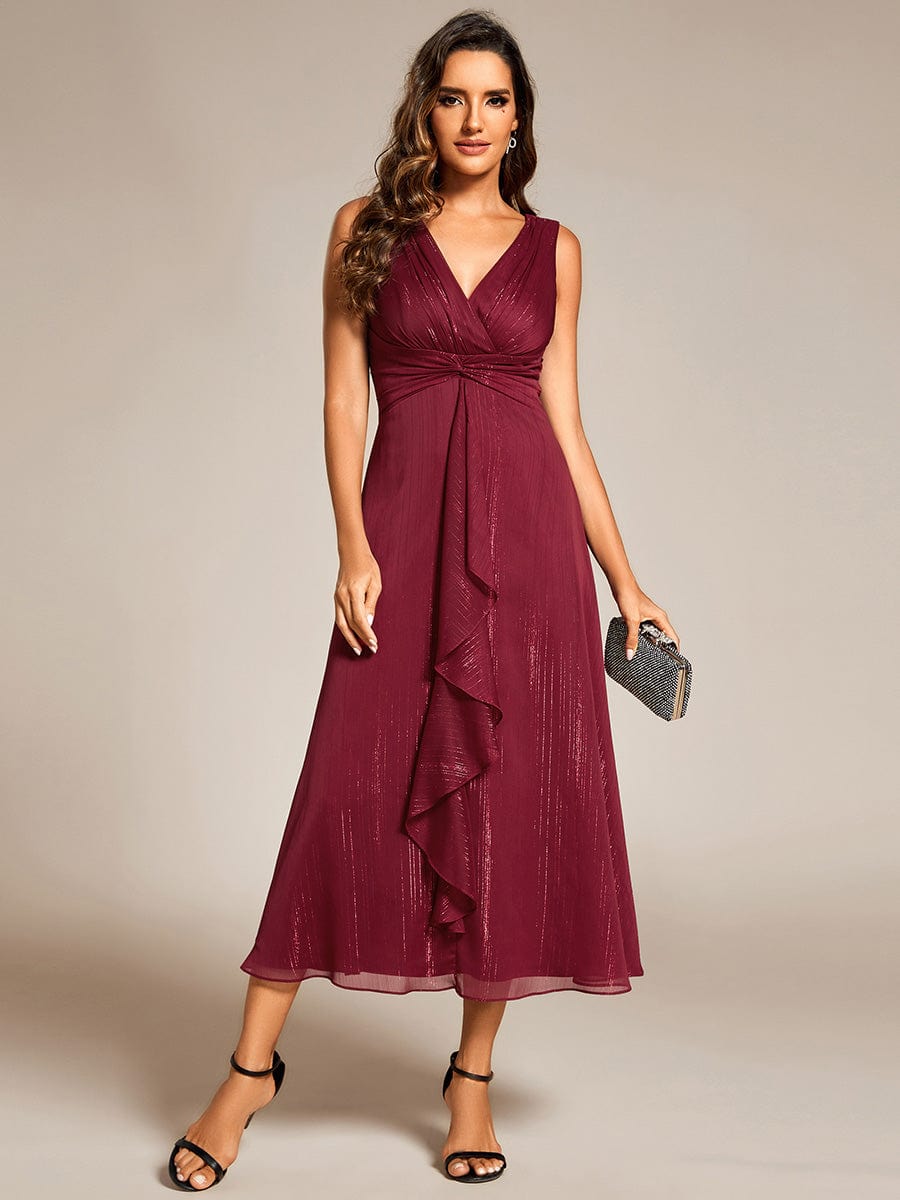 Sleeveless Twist Knot A-Line Lotus Leaf Shimmering Wedding Guest Dress #color_Burgundy