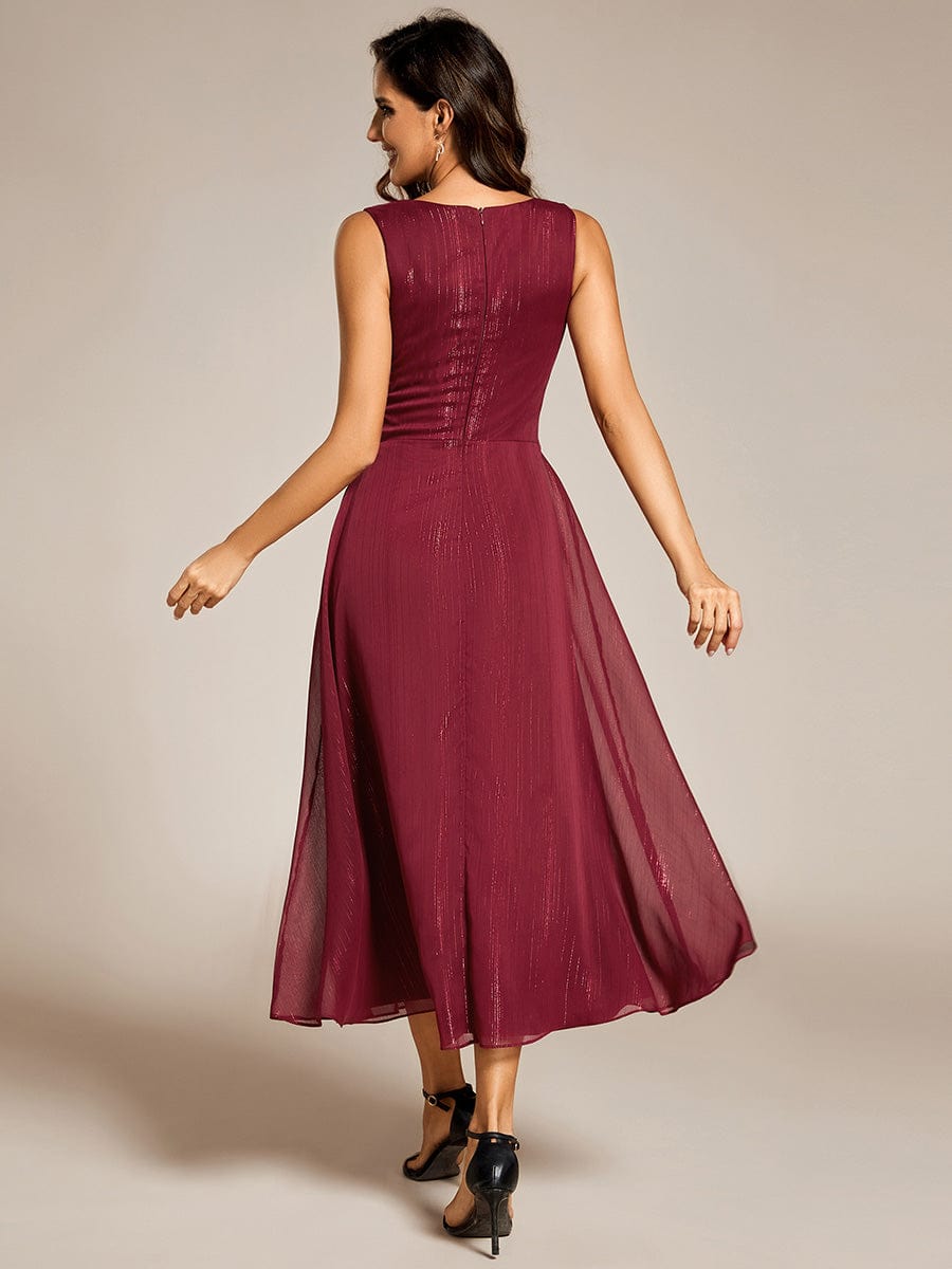 Sleeveless Twist Knot A-Line Lotus Leaf Shimmering Wedding Guest Dress #color_Burgundy