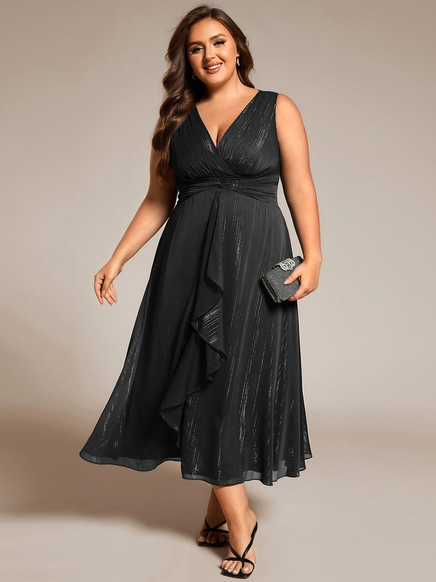 Sleeveless Twist Knot A-Line Lotus Leaf Shimmering Wedding Guest Dress #color_Black