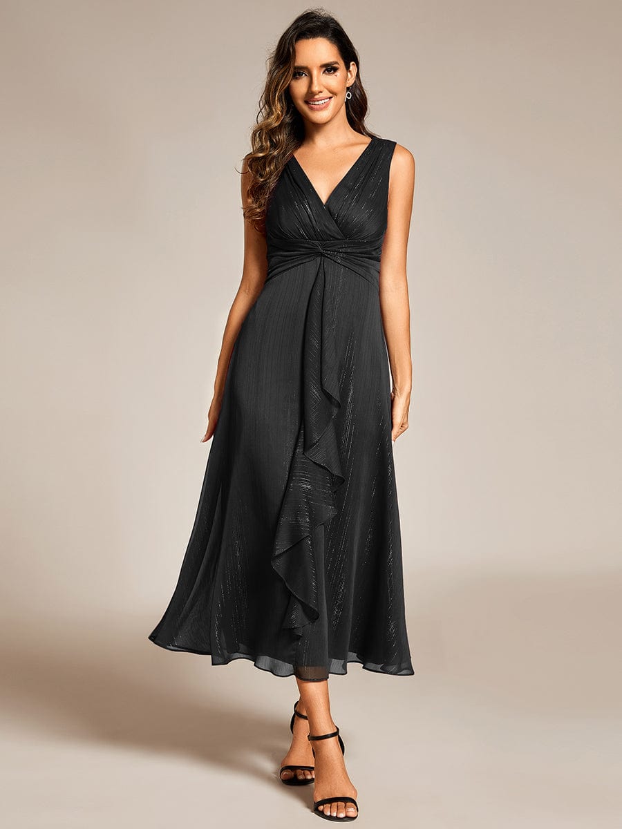 Shimmering Long Sleeve V-Neck Chiffon Twist Knot A-Line Evening Dress #color_Black