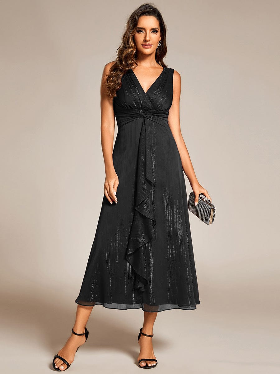 Shimmering Long Sleeve V-Neck Chiffon Twist Knot A-Line Evening Dress #color_Black