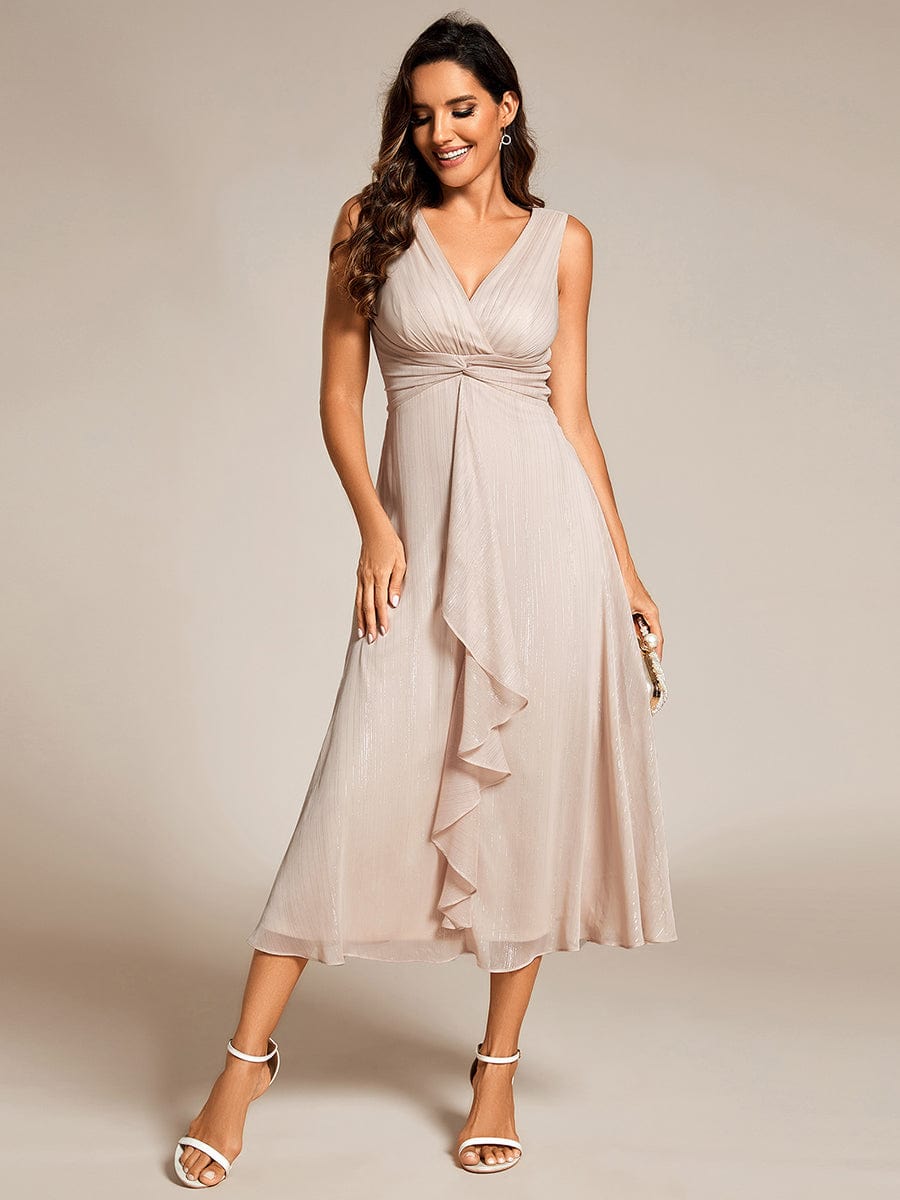 Shimmering Long Sleeve V-Neck Chiffon Twist Knot A-Line Evening Dress #color_Champagne