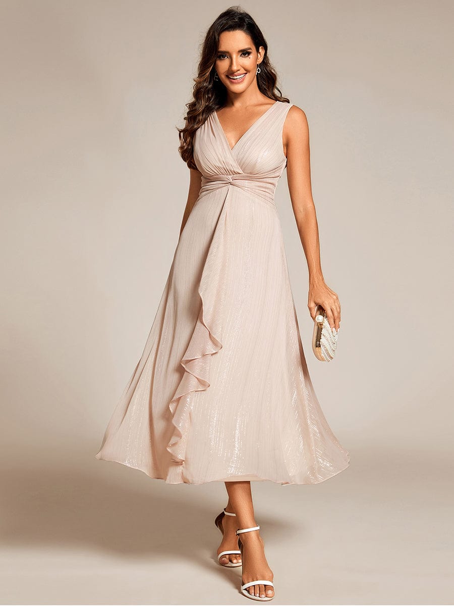 Shimmering Long Sleeve V-Neck Chiffon Twist Knot A-Line Evening Dress #color_Champagne