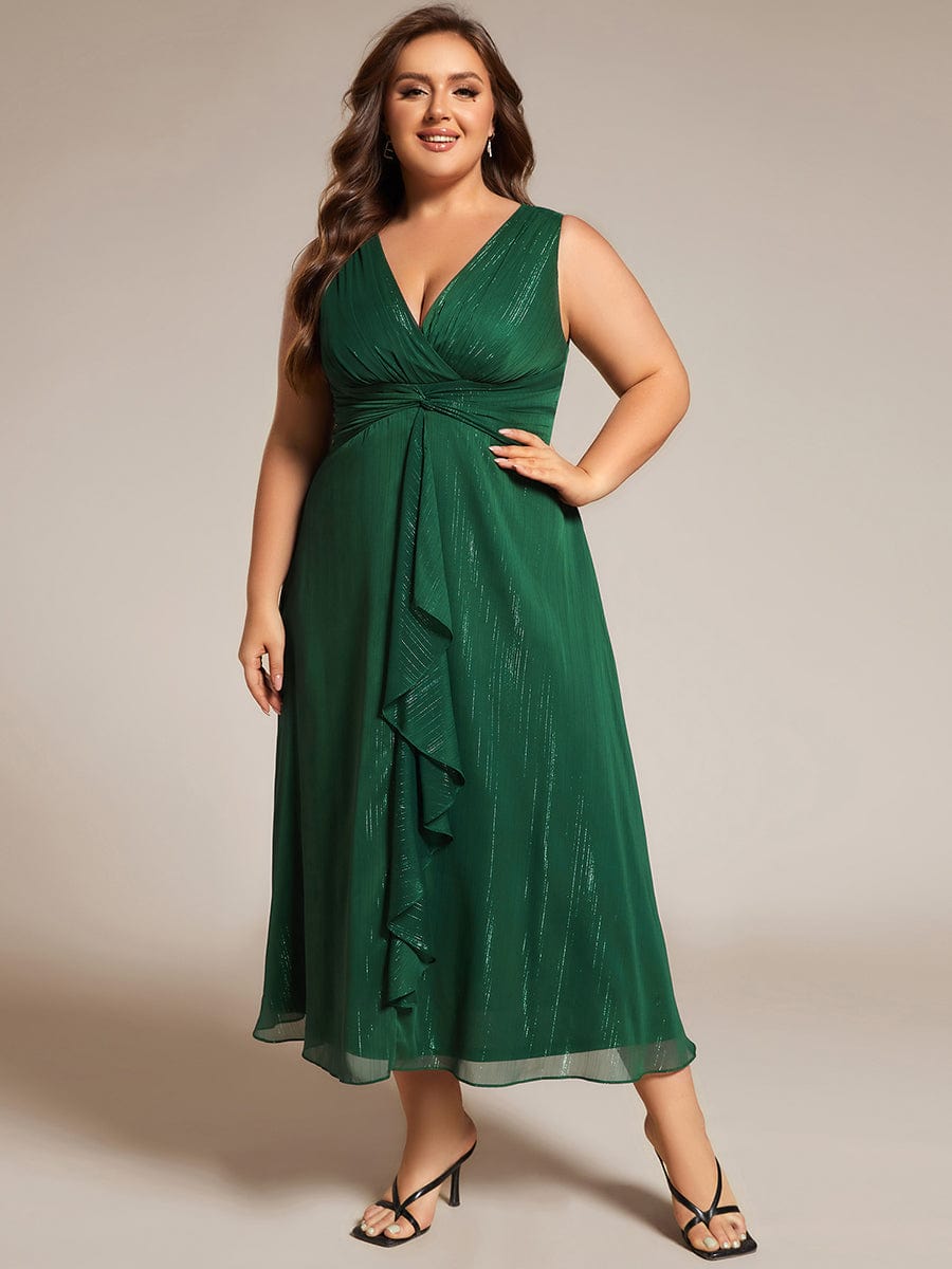 Sleeveless Twist Knot A-Line Lotus Leaf Shimmering Wedding Guest Dress #color_Dark Green