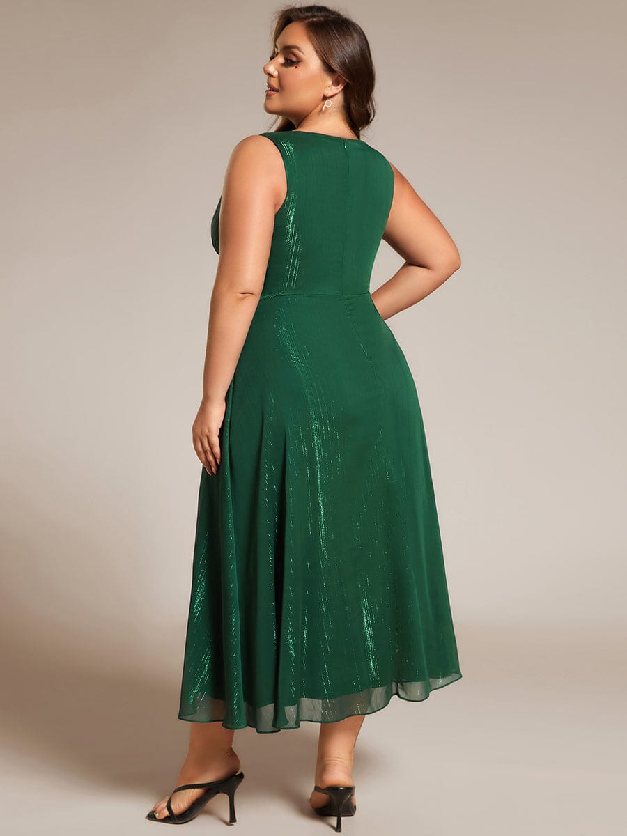 Sleeveless Twist Knot A-Line Lotus Leaf Shimmering Wedding Guest Dress #color_Dark Green
