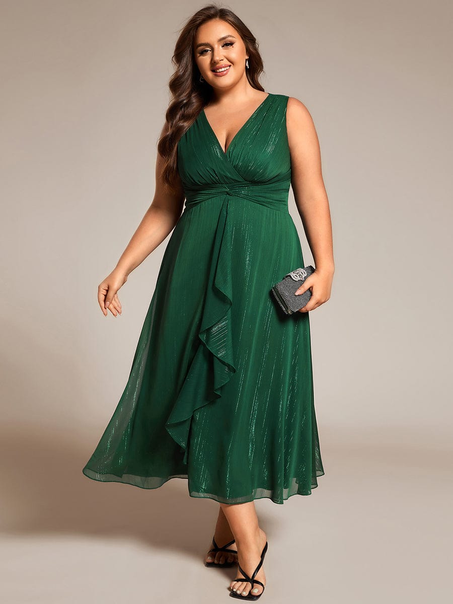 Sleeveless Twist Knot A-Line Lotus Leaf Shimmering Wedding Guest Dress #color_Dark Green