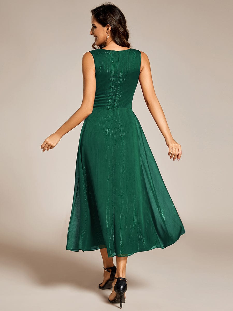 Shimmering Long Sleeve V-Neck Chiffon Twist Knot A-Line Evening Dress #color_Dark Green