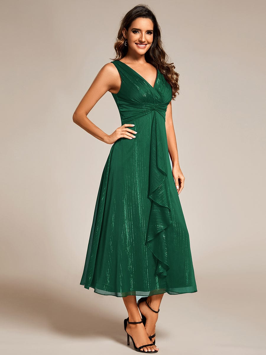 Shimmering Long Sleeve V-Neck Chiffon Twist Knot A-Line Evening Dress #color_Dark Green